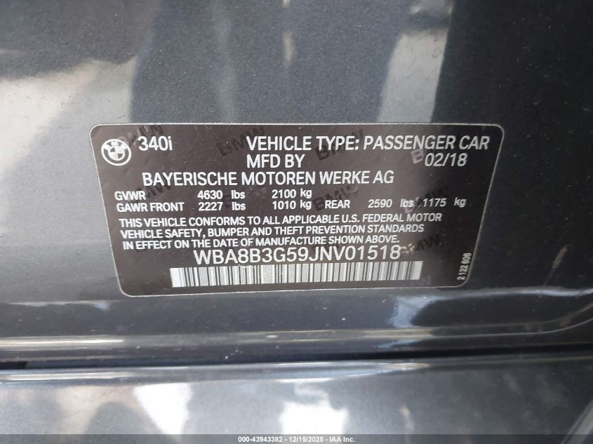 2018 BMW 340I VIN: WBA8B3G59JNV01518 Lot: 43943382