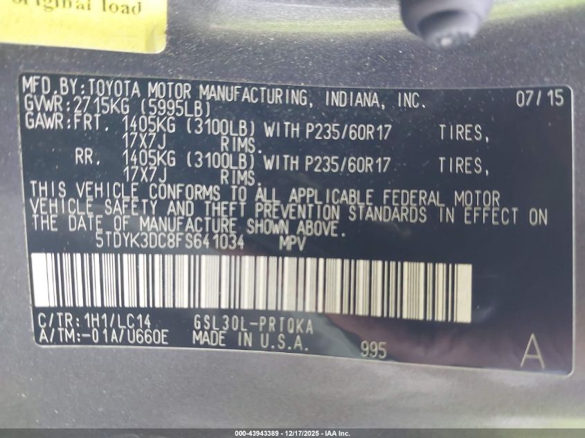 2015 Toyota Sienna Xle 8 Passenger VIN: 5TDYK3DC8FS641034 Lot: 43943389