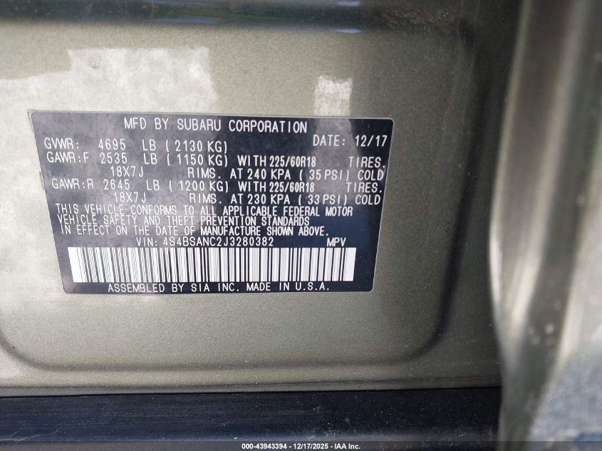 2018 Subaru Outback 2.5I Limited VIN: 4S4BSANC2J3280382 Lot: 43943394