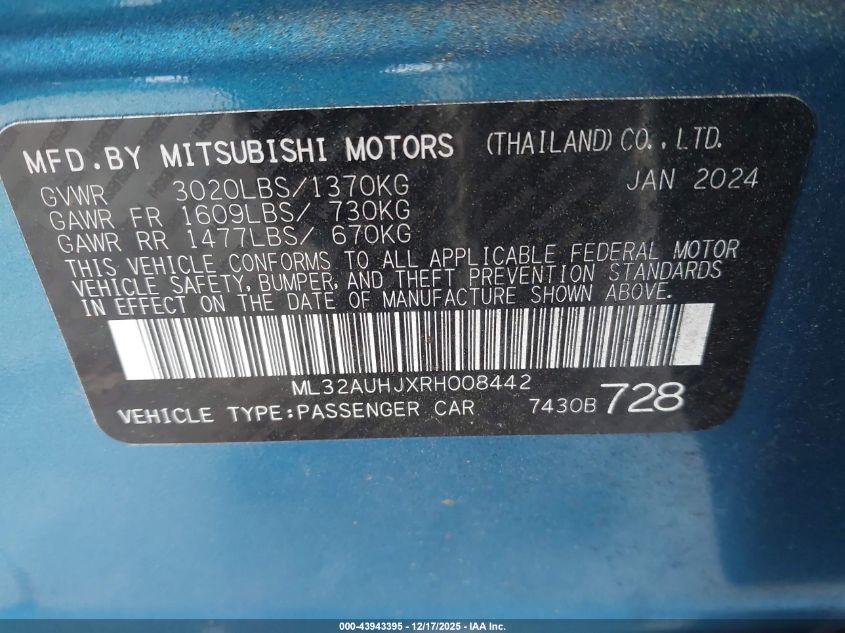 2024 Mitsubishi Mirage Es VIN: ML32AUHJXRH008442 Lot: 43943395
