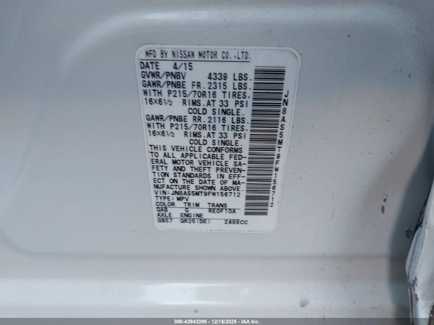 2015 Nissan Rogue Select S VIN: JN8AS5MT9FW156712 Lot: 43943396