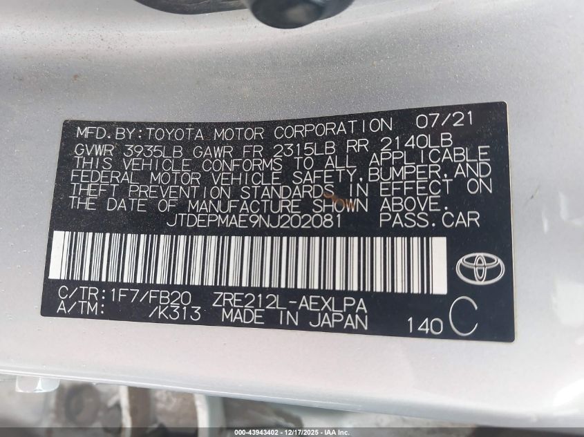 2022 Toyota Corolla Le VIN: JTDEPMAE9NJ202081 Lot: 43943402