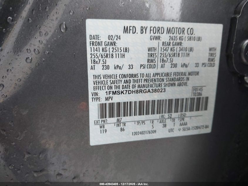 2024 Ford Explorer Xlt VIN: 1FMSK7DH8RGA38023 Lot: 43943405