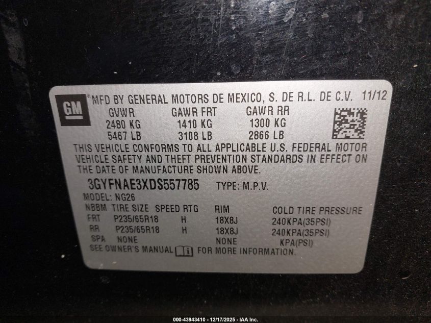 2013 Cadillac Srx Standard VIN: 3GYFNAE3XDS557785 Lot: 43943410