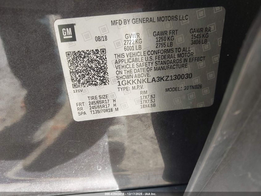 2019 GMC Acadia Sle-1 VIN: 1GKKNKLA3KZ130030 Lot: 43943416