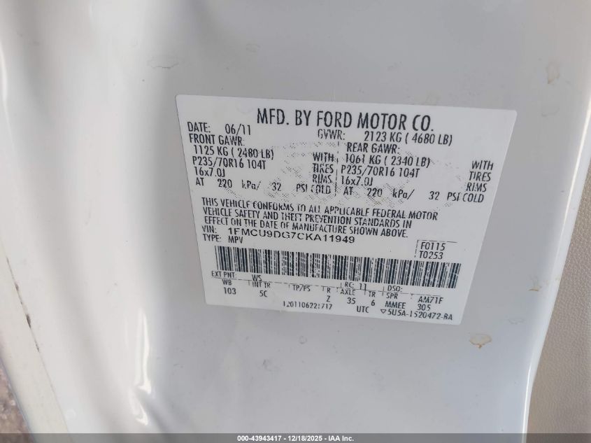 2012 Ford Escape Xlt VIN: 1FMCU9DG7CKA11949 Lot: 43943417