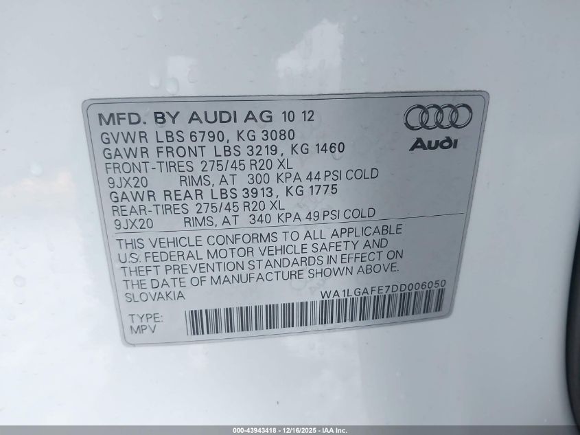 2013 Audi Q7 3.0T Premium VIN: WA1LGAFE7DD006050 Lot: 43943418