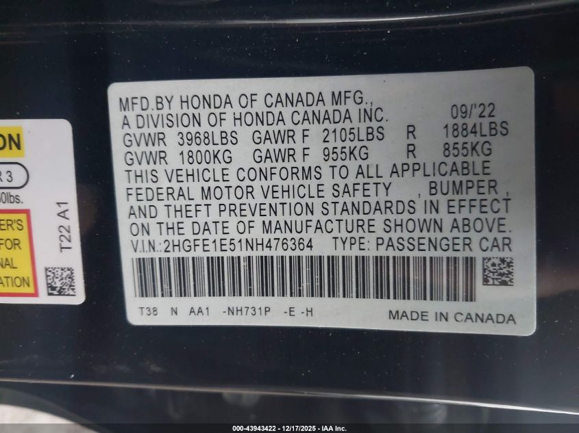 2022 Honda Civic Si Sedan VIN: 2HGFE1E51NH476364 Lot: 43943422