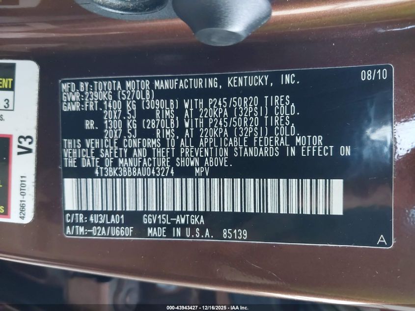 2010 Toyota Venza Base V6 VIN: 4T3BK3BB8AU043274 Lot: 43943427