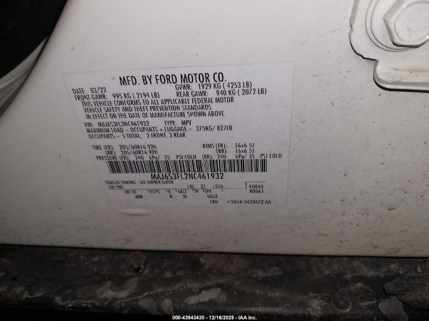 2022 Ford Ecosport S VIN: MAJ6S3FL2NC461932 Lot: 43943430