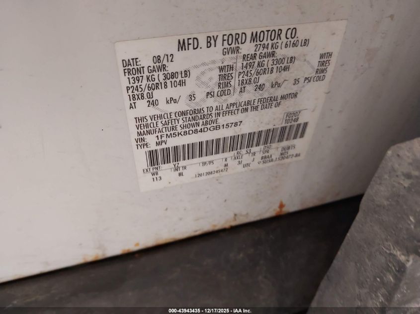 2013 Ford Explorer Xlt VIN: 1FM5K8D84DGB15787 Lot: 43943435