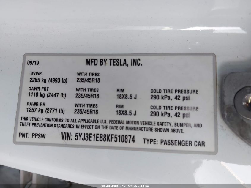 2019 Tesla Model 3 Long Range/Performance VIN: 5YJ3E1EB8KF510874 Lot: 43943437