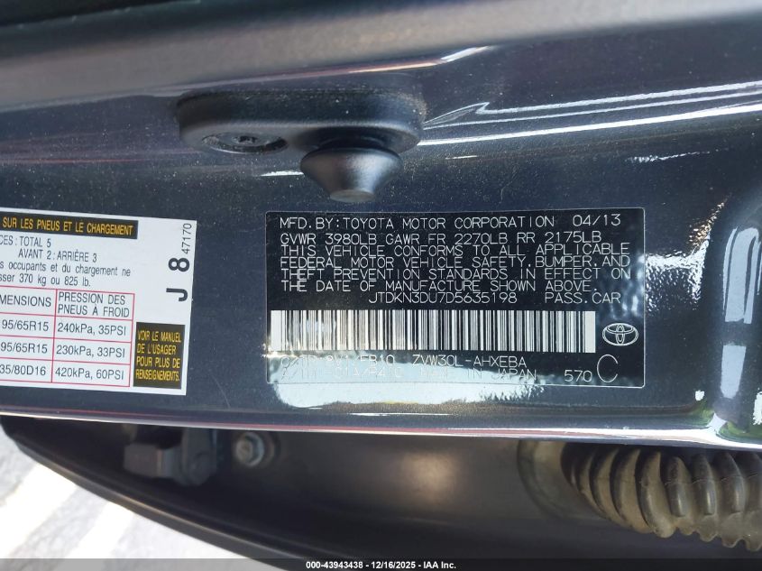 2013 Toyota Prius Two VIN: JTDKN3DU7D5635198 Lot: 43943438