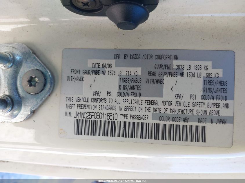 2006 Mazda Mx-5 Sport VIN: JM1NC25F060116510 Lot: 43943439