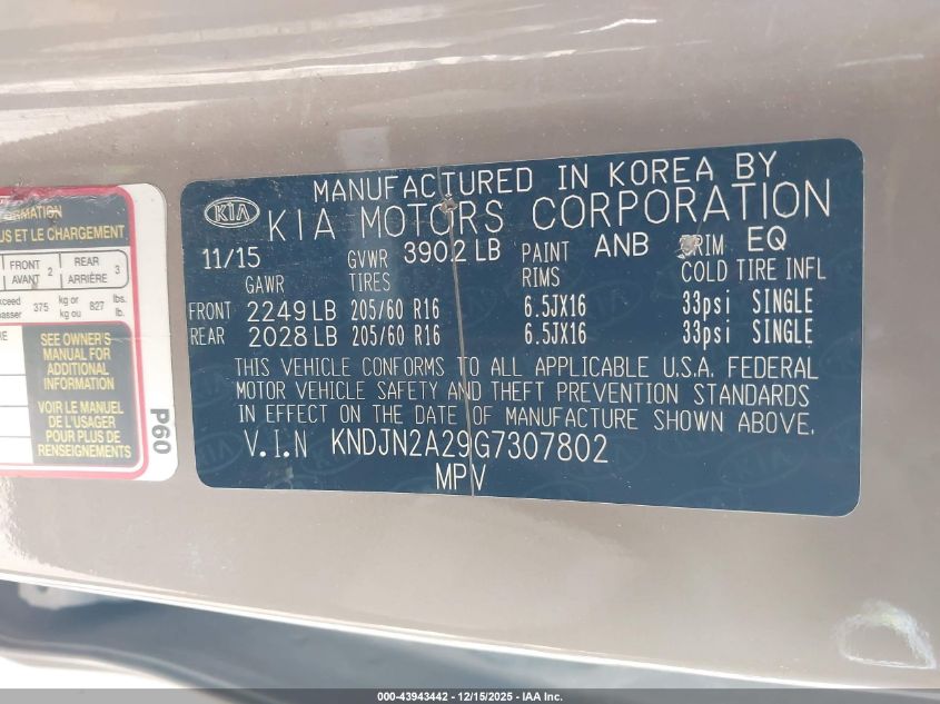 2016 Kia Soul VIN: KNDJN2A29G7307802 Lot: 43943442