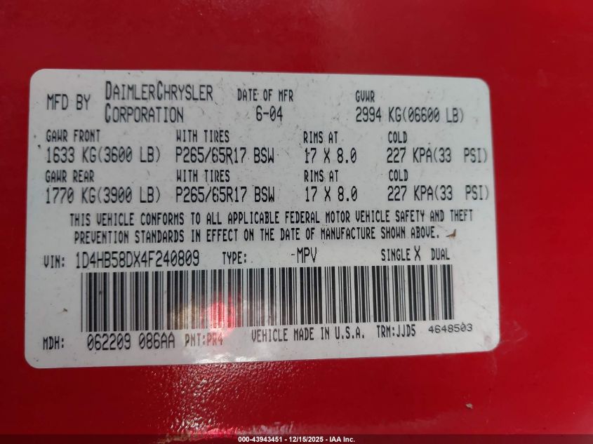 2004 Dodge Durango Limited VIN: 1D4HB58DX4F240809 Lot: 43943451