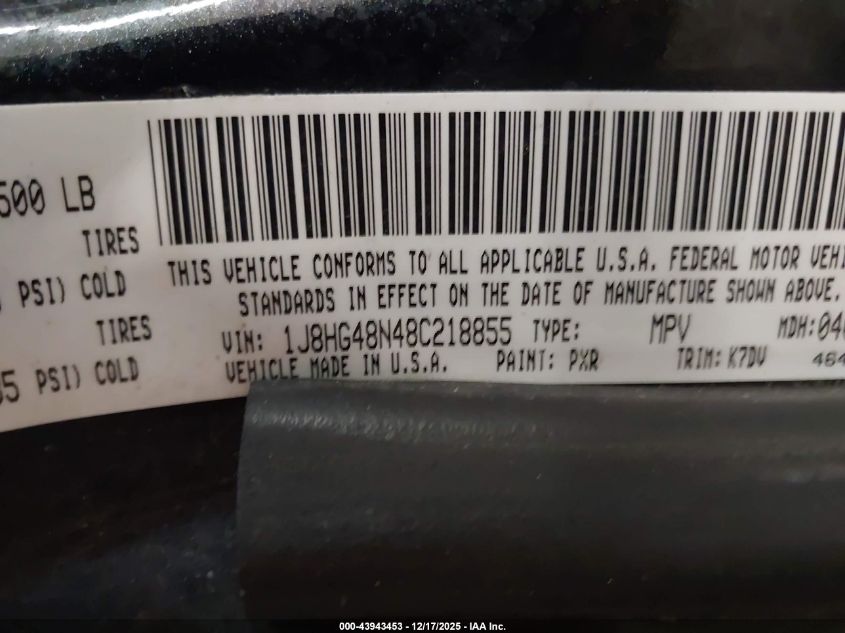 2008 Jeep Commander Sport VIN: 1J8HG48N48C218855 Lot: 43943453