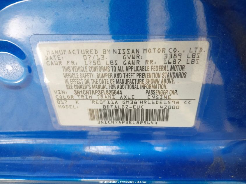 2014 Nissan Versa 1.6 Sv VIN: 3N1CN7AP3EL825644 Lot: 43943463