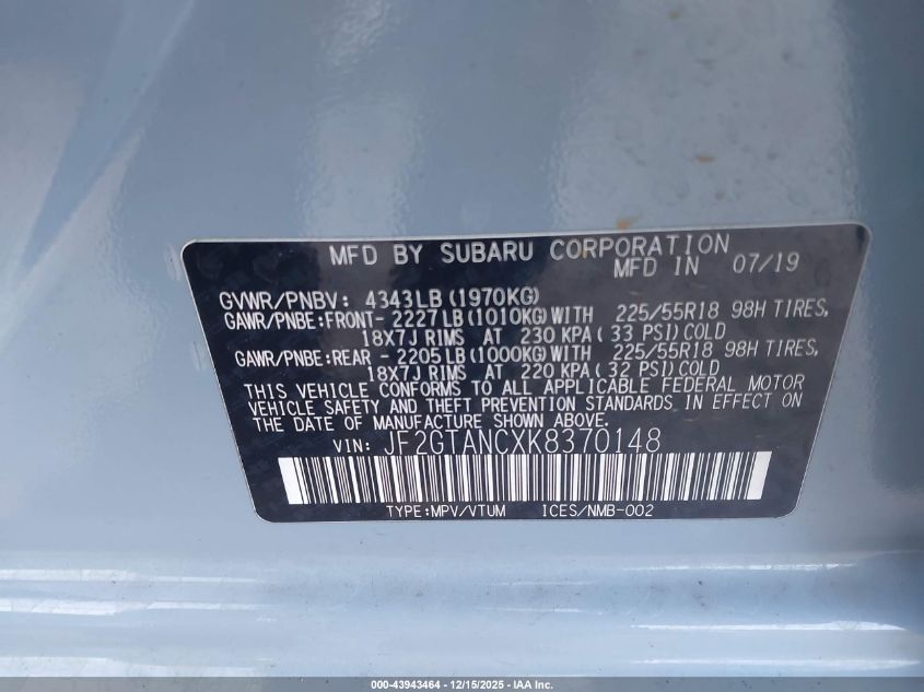 2019 Subaru Crosstrek 2.0I Limited VIN: JF2GTANCXK8370148 Lot: 43943464