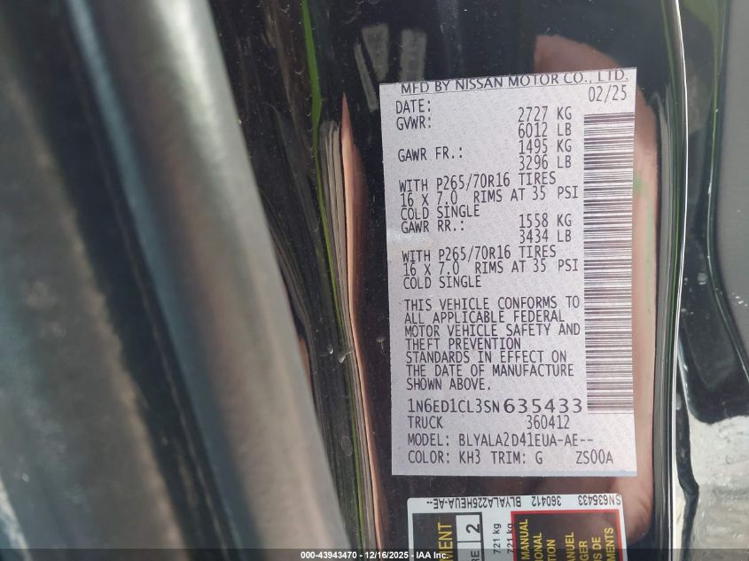 2025 Nissan Frontier King Cab S 4X2 VIN: 1N6ED1CL3SN635433 Lot: 43943470