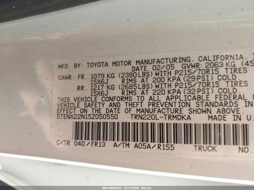 2005 Toyota Tacoma VIN: 5TENX22N15Z050550 Lot: 43943478