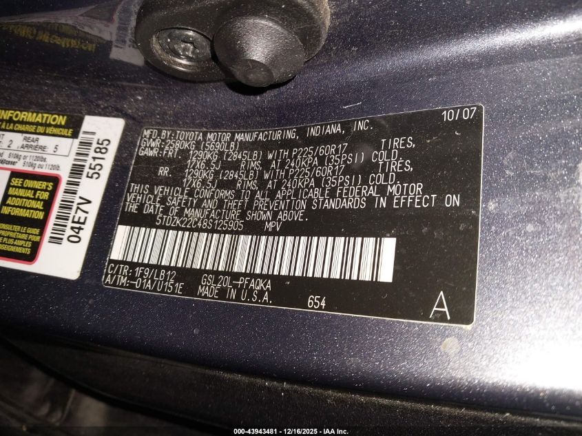 2008 Toyota Sienna Xle VIN: 5TDZK22C48S125905 Lot: 43943481