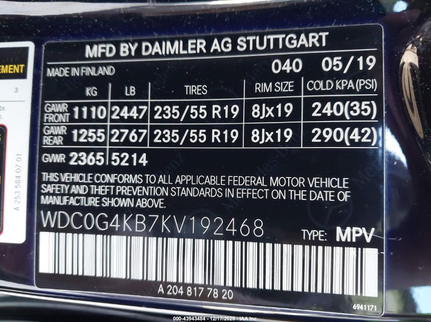 2019 Mercedes-Benz Glc 300 4Matic VIN: WDC0G4KB7KV192468 Lot: 43943484