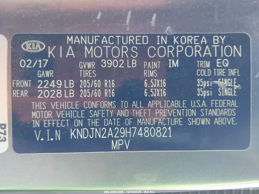 2017 Kia Soul VIN: KNDJN2A29H7480821 Lot: 43943485