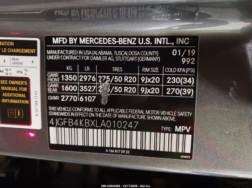 2020 Mercedes-Benz Gle 350 4Matic VIN: 4JGFB4KBXLA010247 Lot: 43943488