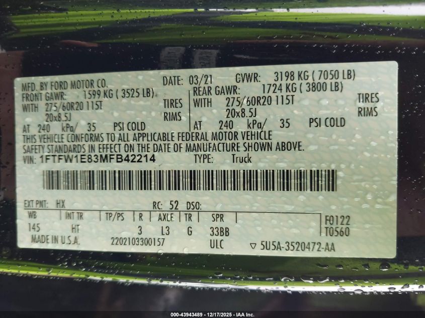 2021 Ford F-150 Lariat VIN: 1FTFW1E83MFB42214 Lot: 43943489