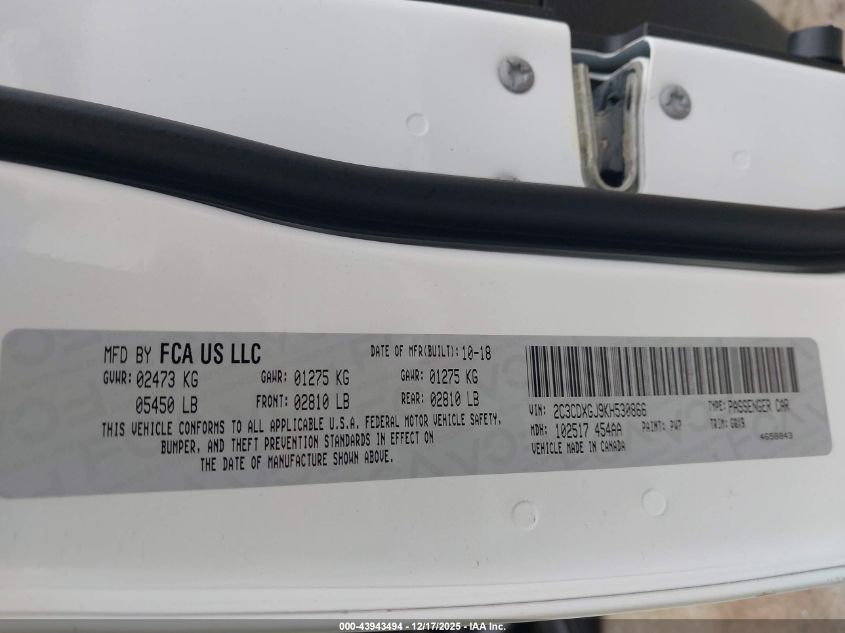 2019 Dodge Charger Scat Pack Rwd VIN: 2C3CDXGJ9KH530866 Lot: 43943494