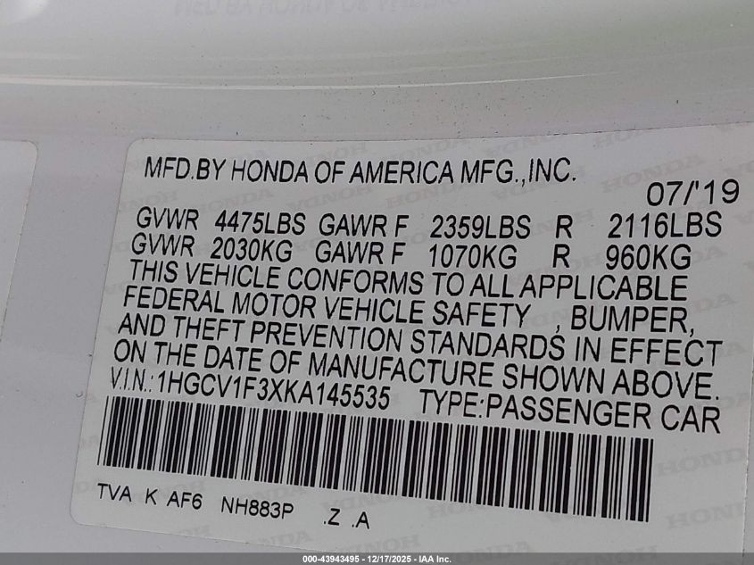 2019 Honda Accord Sport VIN: 1HGCV1F3XKA145535 Lot: 43943495