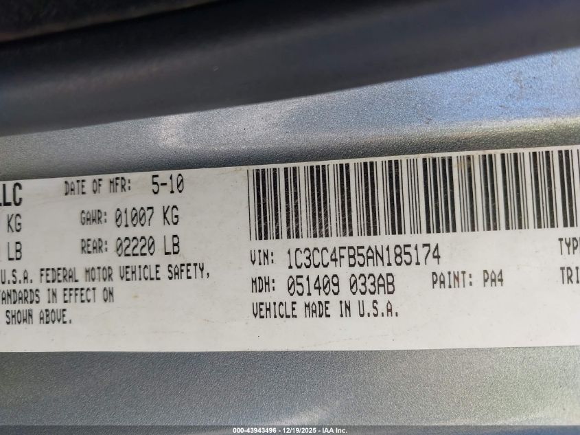 2010 Chrysler Sebring Touring VIN: 1C3CC4FB5AN185174 Lot: 43943496