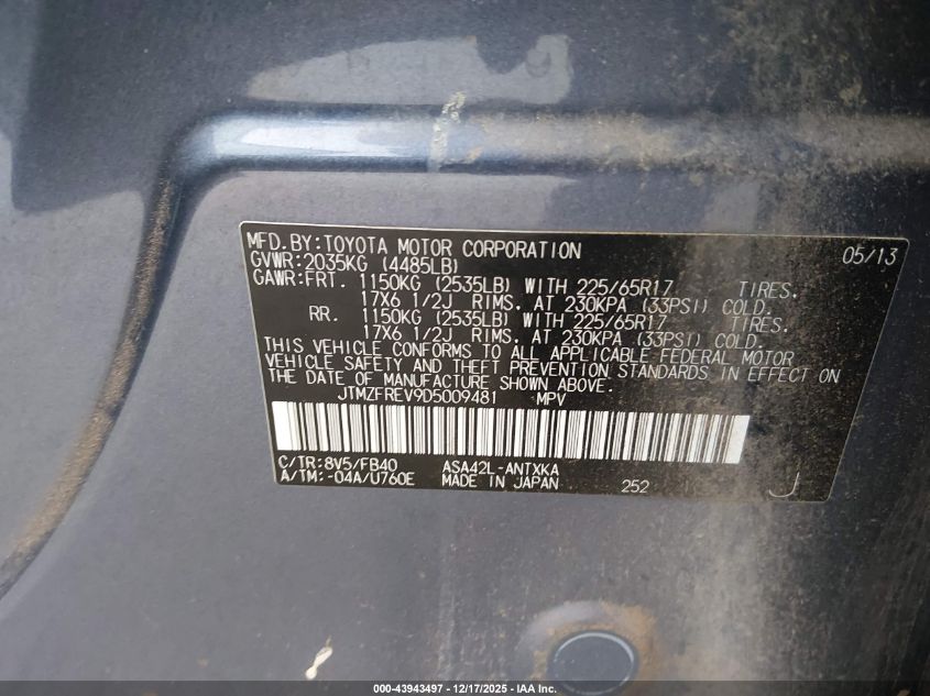 2013 Toyota Rav4 Le VIN: JTMZFREV9D5009481 Lot: 43943497