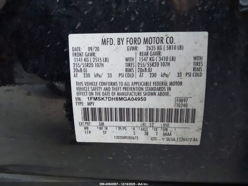 2021 Ford Explorer Xlt VIN: 1FMSK7DH8MGA04950 Lot: 43943507