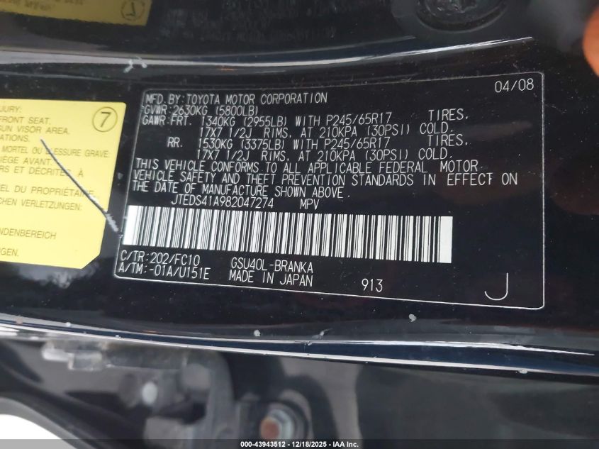 2008 Toyota Highlander VIN: JTEDS41A982047274 Lot: 43943512