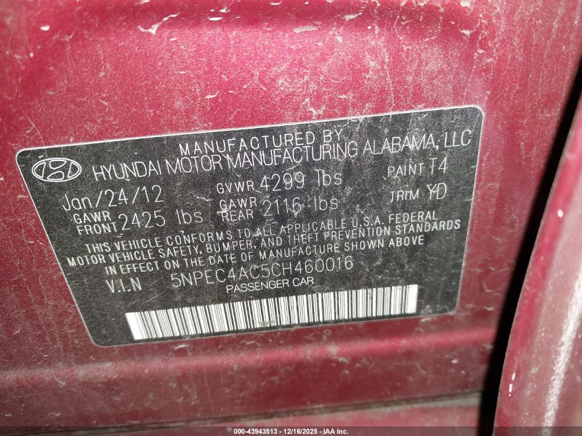 2012 Hyundai Sonata Se/Limited VIN: 5NPEC4AC5CH460016 Lot: 43943513