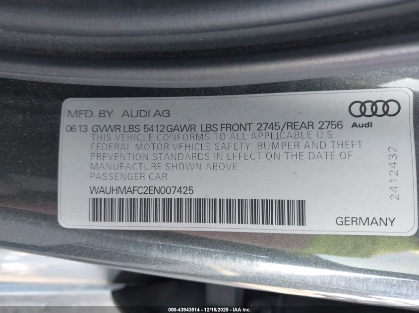 2014 Audi A6 3.0 Tdi Premium Plus VIN: WAUHMAFC2EN007425 Lot: 43943514