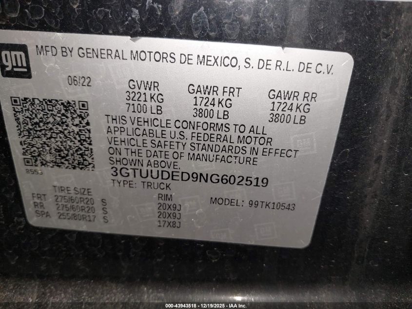 2022 GMC Sierra 1500 Slt VIN: 3GTUUDED9NG602519 Lot: 43943518