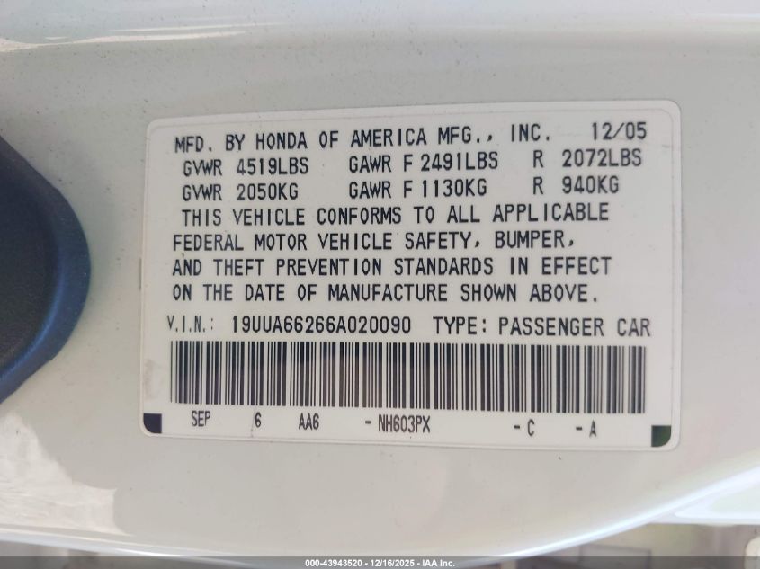 2006 Acura Tl VIN: 19UUA66266A020090 Lot: 43943520