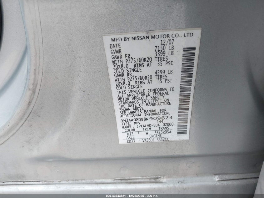 2008 Infiniti Qx56 VIN: 5N3AA08D98N909624 Lot: 43943521
