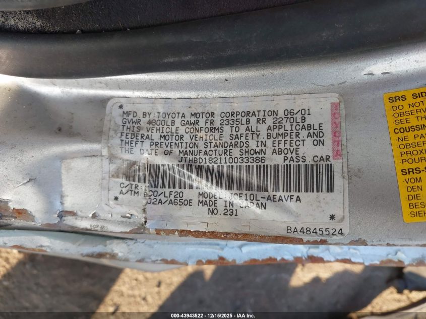 2001 Lexus Is 300 VIN: JTHBD182110033386 Lot: 43943522