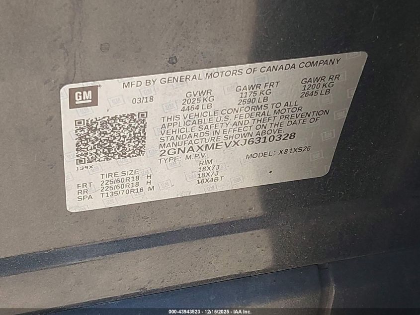 2018 Chevrolet Equinox Premier VIN: 2GNAXMEVXJ6310328 Lot: 43943523