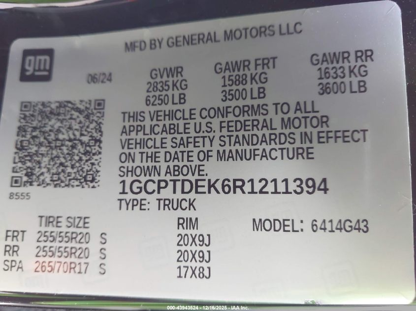 2024 Chevrolet Colorado 4Wd Z71 VIN: 1GCPTDEK6R1211394 Lot: 43943524