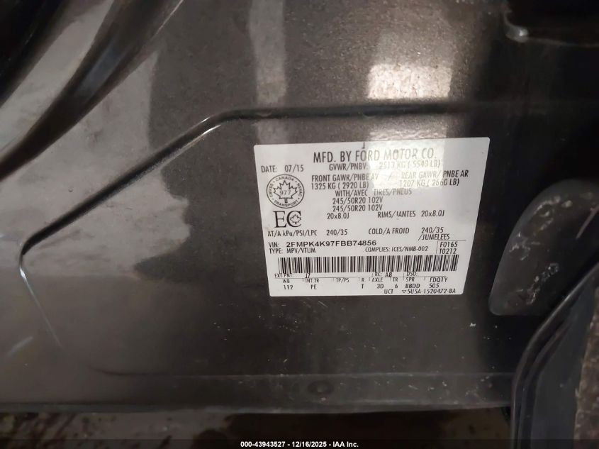 2015 Ford Edge Titanium VIN: 2FMPK4K97FBB74856 Lot: 43943527