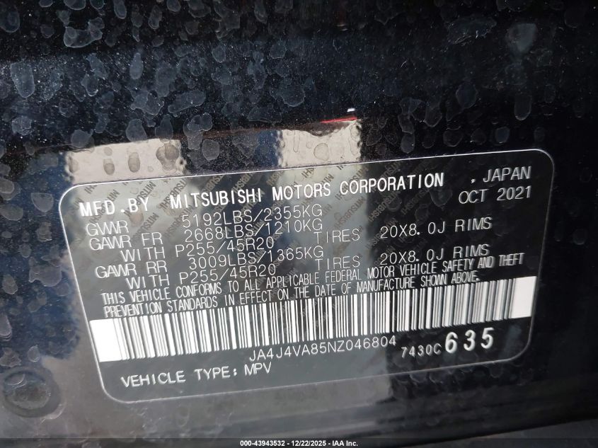 2022 Mitsubishi Outlander Sel VIN: JA4J4VA85NZ046804 Lot: 43943532