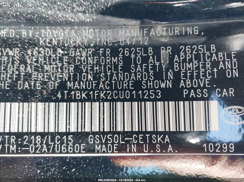 2012 Toyota Camry Se V6 VIN: 4T1BK1FK2CU011253 Lot: 43943534
