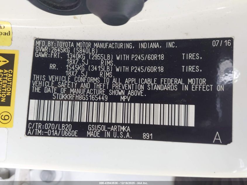 2016 Toyota Highlander Xle V6 VIN: 5TDKKRFH8GS165449 Lot: 43943536