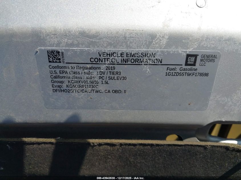 2019 Chevrolet Malibu Lt VIN: 1G1ZD5ST6KF178598 Lot: 43943538