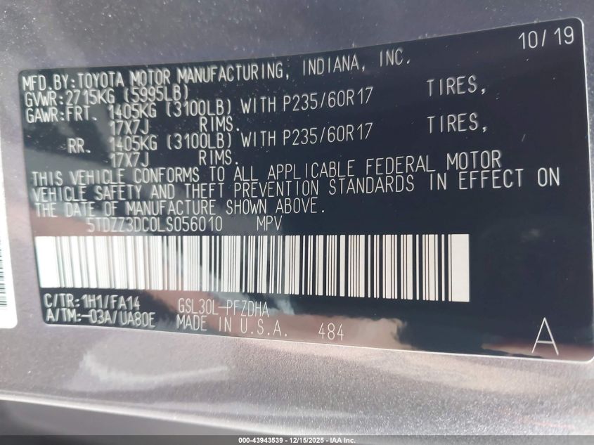 2020 Toyota Sienna L VIN: 5TDZZ3DC0LS056010 Lot: 43943539